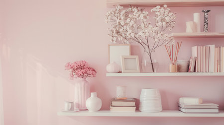 A shelf unit displays an elegant arrangement of books, vases, and framed pictures, set against a calming pastel wall.の素材