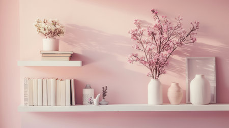 A shelf unit features decorative items like books, vases, and botanical arrangements, adding charm to a cozy interior with a soft pastel backdrop.の素材