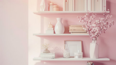 A shelf unit features books, vases, and photo frames, beautifully organized against a gentle pastel-colored wall.の素材
