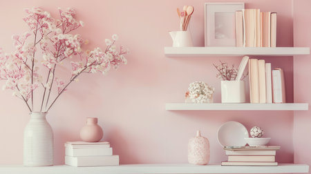 A shelf unit showcases books, vases, and photo frames, elegantly arranged against a soft pastel wall, creating a serene and stylish atmosphere.の素材