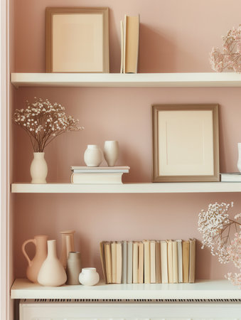 A shelf unit displays decorative books, vases, and photo frames, enhancing the charm of a soft pastel wall in a modern home setting.の素材