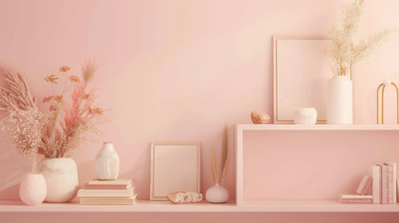 A shelf unit showcases decorative items like books, vases, and frames, set against a gentle pastel wall, creating a serene atmosphere.の素材