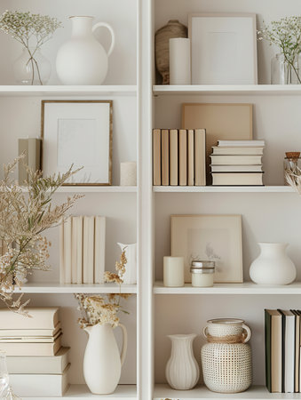 A shelf unit showcases decorative books, vases, and frames against a warm pastel wall, creating an inviting and stylish atmosphere.の素材