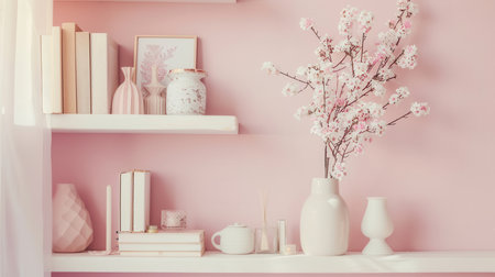 A shelf unit features an elegant arrangement of books, vases, and a blooming branch, adding charm to a soft pastel wall in a cozy room.の素材