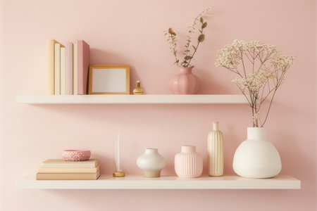A shelf unit displays books, vases, and photo frames, creating a serene atmosphere with soft pastel colors enhancing the decor.の素材