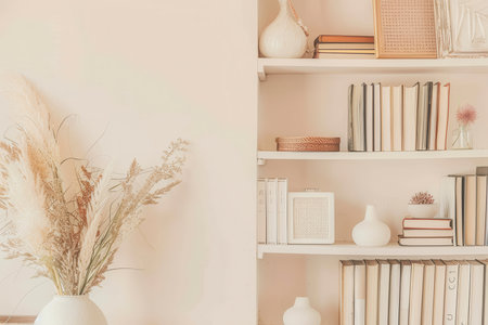 A neatly arranged shelf unit showcases decorative books, vases, and photo frames, enhancing the soft pastel ambiance of the room.の素材