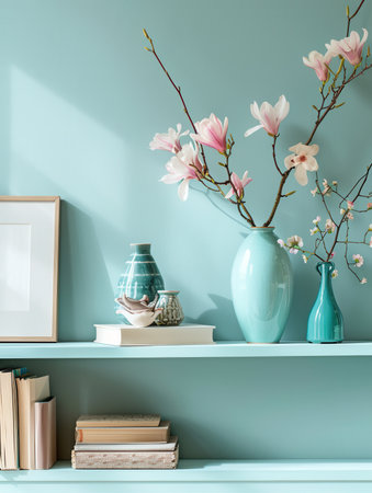 A shelf unit showcases an arrangement of decorative items, including books and vases, enhancing the ambiance of the pastel-colored wall.の素材