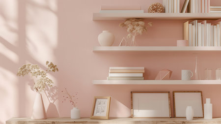 A shelf unit displays an array of decorative items, including books, vases, and empty photo frames, set against a soft pastel wall.の素材