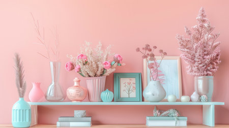 A shelf unit displays beautiful vases, books, and framed art against a soothing pastel wall, creating a serene and stylish atmosphere.の素材