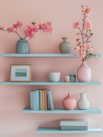 A neatly arranged shelf unit showcases decorative books, vases, and framed artwork against a soft pastel wall, enhancing the cozy living space.の素材