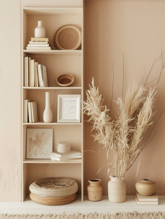 A shelf displays decorative items like books, vases, and frames, creating a calming atmosphere against a soft pastel wall.の素材