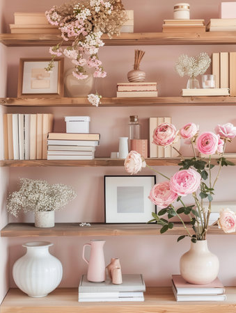 A shelf unit displays an arrangement of decorative items, including books, vases, and photo frames, set against a soft pastel wall.の素材