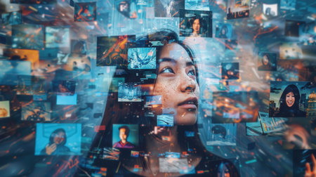 A person experiences a powerful brainstorming session surrounded by a crowd of vibrant and eclectic images representing various ideas and inspirations.の素材