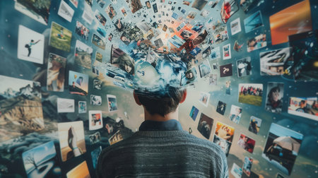 A person stands with their back turned, immersed in a vibrant display of diverse imagery, visualizing thoughts and ideas during a brainstorming process.の素材