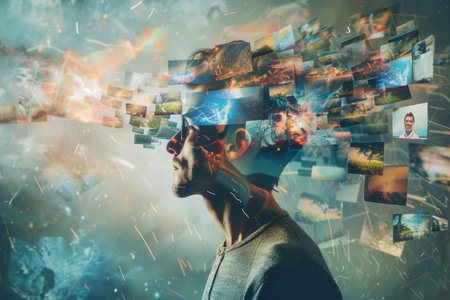 A person is deep in thought, envisioning diverse images and concepts swirling around in their mind during a moment of creative inspiration.の素材