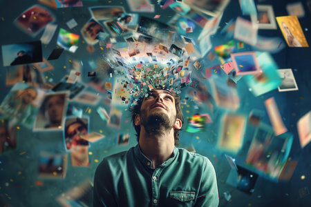 A person visually experiences a flurry of eclectic images and concepts, representing a vibrant brainstorming session filled with creativity.の素材