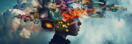 A person's head bursts with vibrant images, symbolizing creativity and inspiration against a dreamy twilight backdrop.の素材