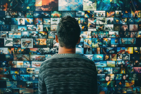 A person stands in front of a collage of various images, engaged in deep thought and brainstorming for creative ideas in a modern setting.の素材