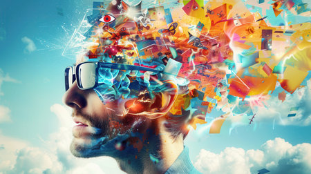 A person envisions a whirlwind of colorful and eclectic ideas bursting from their mind, symbolizing creativity and inspiration against a vivid blue sky.の素材