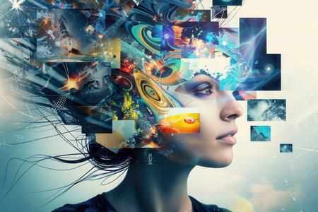 A person embodies the essence of creativity, with vibrant, abstract visuals swirling around their head, symbolizing a dynamic brainstorming process.の素材