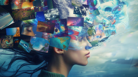 A person experiences a vivid surge of inspiration, their mind filled with diverse images representing creativity and exploration in a serene atmosphere.の素材