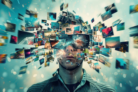 A person with glasses experiences a creative surge, surrounded by a whirlwind of vibrant and diverse images reflecting imaginative thoughts.の素材