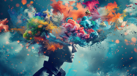 A creative mind envisions a burst of colors and surreal forms, illustrating the dynamism of imagination during a brainstorming session.の素材