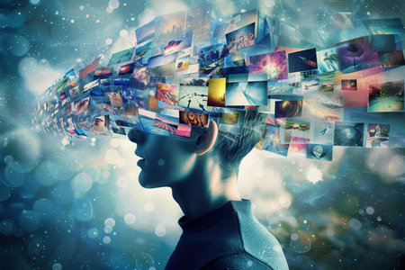 A person envisions diverse images representing creativity and imagination, capturing the essence of brainstorming and thought processes.の素材