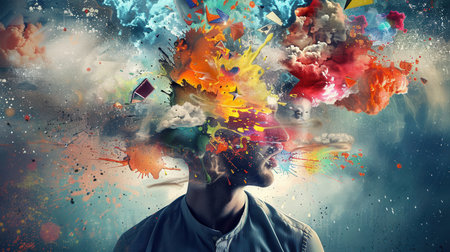 A person experiences a vibrant explosion of colors and shapes representing a flurry of creative thoughts and ideas emerging from their mind.の素材