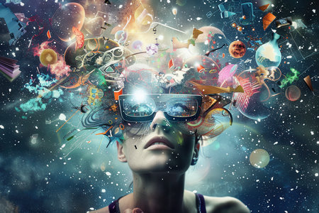 A person surrounded by vibrant, eclectic thoughts and images, reflecting creativity and inspiration in a cosmic atmosphere.の素材