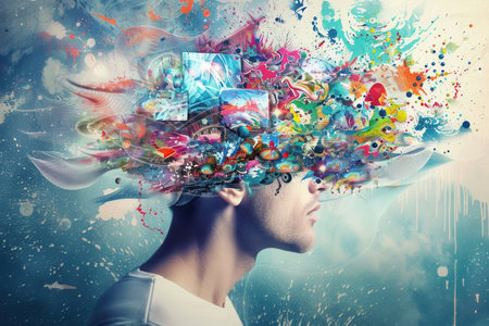 A human mind visualizes a swirl of vibrant ideas and eclectic imagery, reflecting a dynamic brainstorming process filled with creativity.の素材