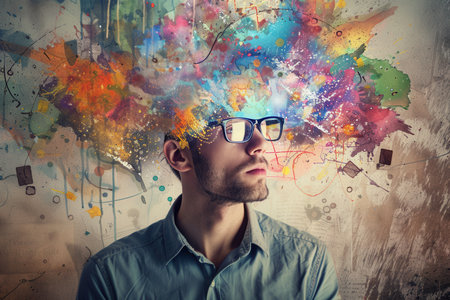 A person stands pensively with colorful, eclectic thoughts visualized above their head, representing a brainstorming explosion of creativity.の素材