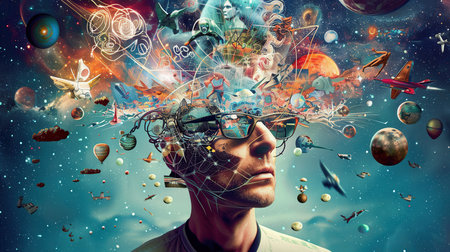 A person stands contemplatively as a vibrant array of imaginative visuals bursts forth from their mind, symbolizing a journey of creative thought and inspiration.の素材