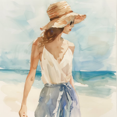 A woman strolls along the beach in a casual summer outfit, wearing a straw hat and sunglasses, embracing the warmth of the sunny day by the ocean.の素材