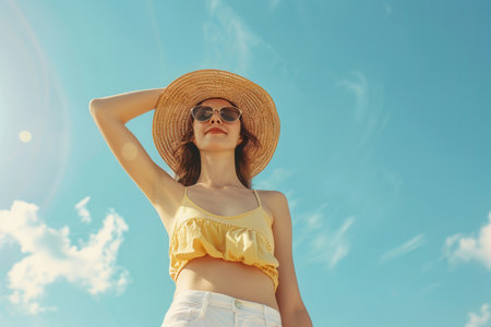 A woman in a summer outfit stands against a bright blue sky, shielding her eyes with sunglasses while basking in the warm sunlight.の素材