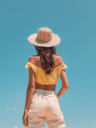 A woman in a yellow top and straw hat stands against a clear blue sky, enjoying a warm summer day by the beach.の素材