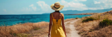 A woman walks along a coastal pathway wearing a summer dress and sun hat, enjoying a sunny day by the ocean with vibrant blue waters ahead.の素材
