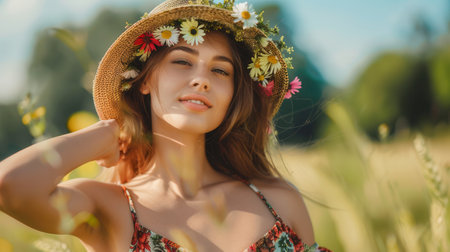 A woman in a vibrant summer outfit and floral hat relaxes in a sunlit field, embodying the warmth and joy of a perfect summer day.の素材