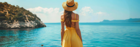 A woman wearing a chic yellow summer outfit stands at the water's edge, admiring the serene ocean view beneath a clear blue sky.の素材
