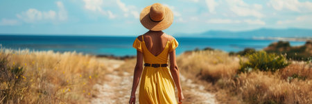 A woman enjoys a leisurely walk on a coastal path, dressed in a yellow summer outfit and a wide-brimmed hat, with the ocean in view.の素材