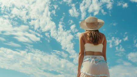 A woman in a summer outfit stands on the beach, gazing at the clear blue sky filled with fluffy clouds, enjoying a relaxing day by the water.の素材