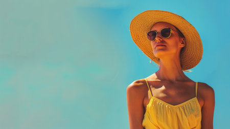 A woman in a vibrant yellow summer outfit stands outdoors, enjoying the sunshine and looking thoughtfully into the distance under a clear blue sky.の素材