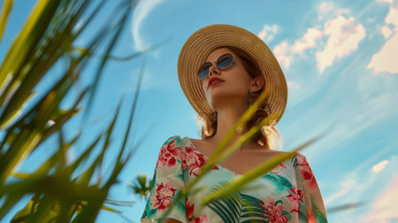 A woman dressed in a vibrant summer outfit stands outdoors, basking in the sunshine and surrounded by lush green plants under a bright blue sky.の素材