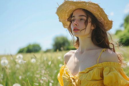 A woman in a bright yellow summer outfit gazes thoughtfully while standing in a flower-filled field under a clear blue sky on a sunny day.の素材