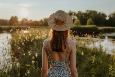 A woman in a floral summer outfit stands by a peaceful waterway, soaking in the warm sunlight as it sets behind lush greenery.の素材