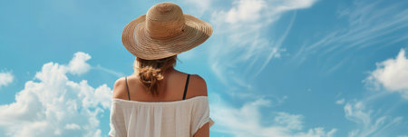 A woman wearing a summer outfit stands outdoors, gazing at the clear blue sky filled with fluffy white clouds, fully embracing the beautiful weather.の素材