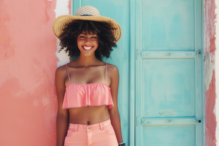 A woman in a stylish summer outfit smiles radiantly while standing in front of a colorful wall under bright sunlight.の素材