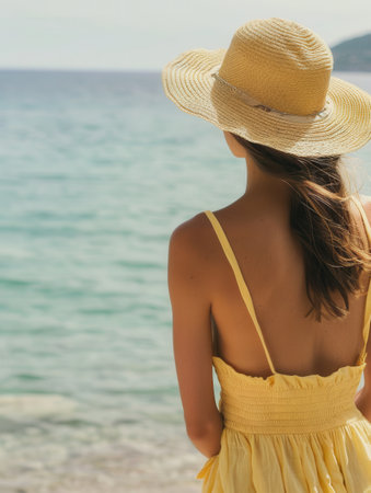 A woman in a yellow summer dress and straw hat gazes at the serene beach, enjoying the warm sun and sparkling water.の素材
