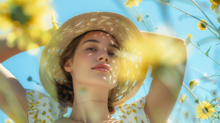 A woman in a summer outfit poses among blooming yellow flowers under a clear blue sky, enjoying the warmth of the sunny day.の素材