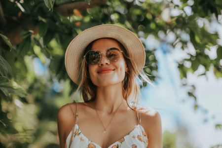 A woman wears a floral summer outfit and sunhat, smiling brightly while surrounded by greenery on a warm, sunny day.の素材